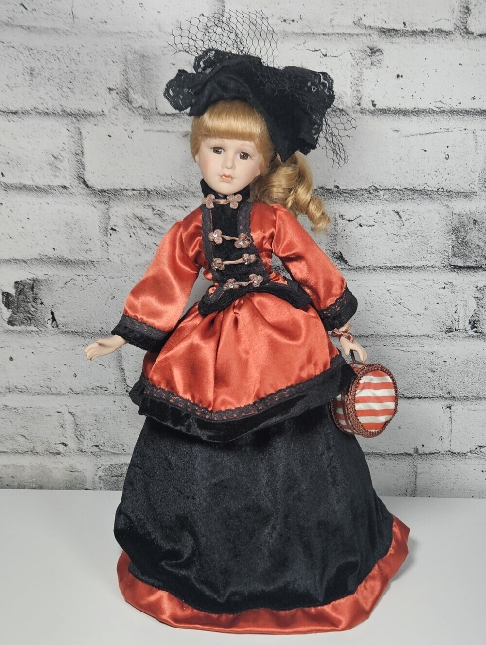 Vintage Victorian Porcelain Doll Orange Black Dress Hat Purse 18 Inch